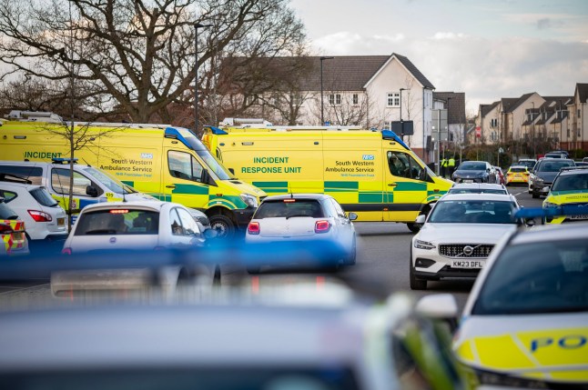 These dramatic pictures show a huge emergency response after a primary school was hit with a bomb threat. February 25 2025. Police raced to Badbury Park Primary School, in Rainscombe Road in Swindon, Wilts, at around 2.30pm today (Tuesday) ??? working to evacuate hundreds of children to safety. Around 25 police officers were in attendance alongside Hazardous Area Response Team ambulance crews and specially-trained fire officers. Numerous homes within a 200-metre radius of the school have also been evacuated, as has the local Co-op store. dqxikeidqkikdinv