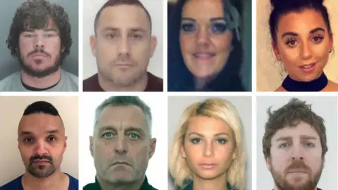 National Trading Standards (NTS) Police mugshots or selfies showing Michael Foster, Jamie Peters, Lisa Foster, Emily Newall, Atif Qadar, Paul Fleury, Aslihan Foster and Paul Evans. They are arranged in two rows of four, one on top of the other and showing the people left to right in the order as listed. dqxikeidqkikdinv
