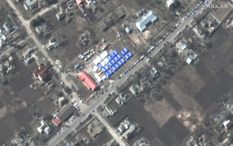 A satellite image captured by Maxar Technologies showing a tented camp in the Russian controlled village of Bezimenne in eastern Ukraine, to the east of Mariupol. ?2022 Maxar Technologies